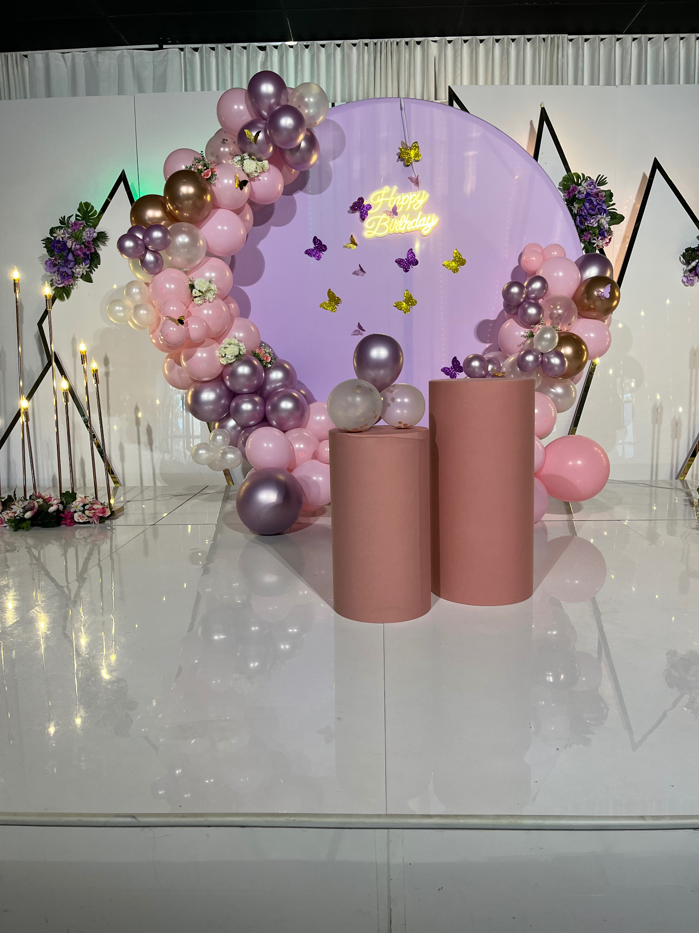 Pink and purple balloon birthday backdrop