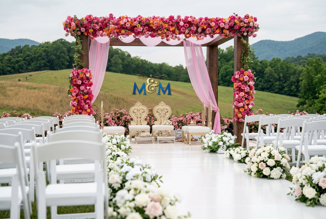 Outdoor pink floral wedding ceremony designed by Magical Moments