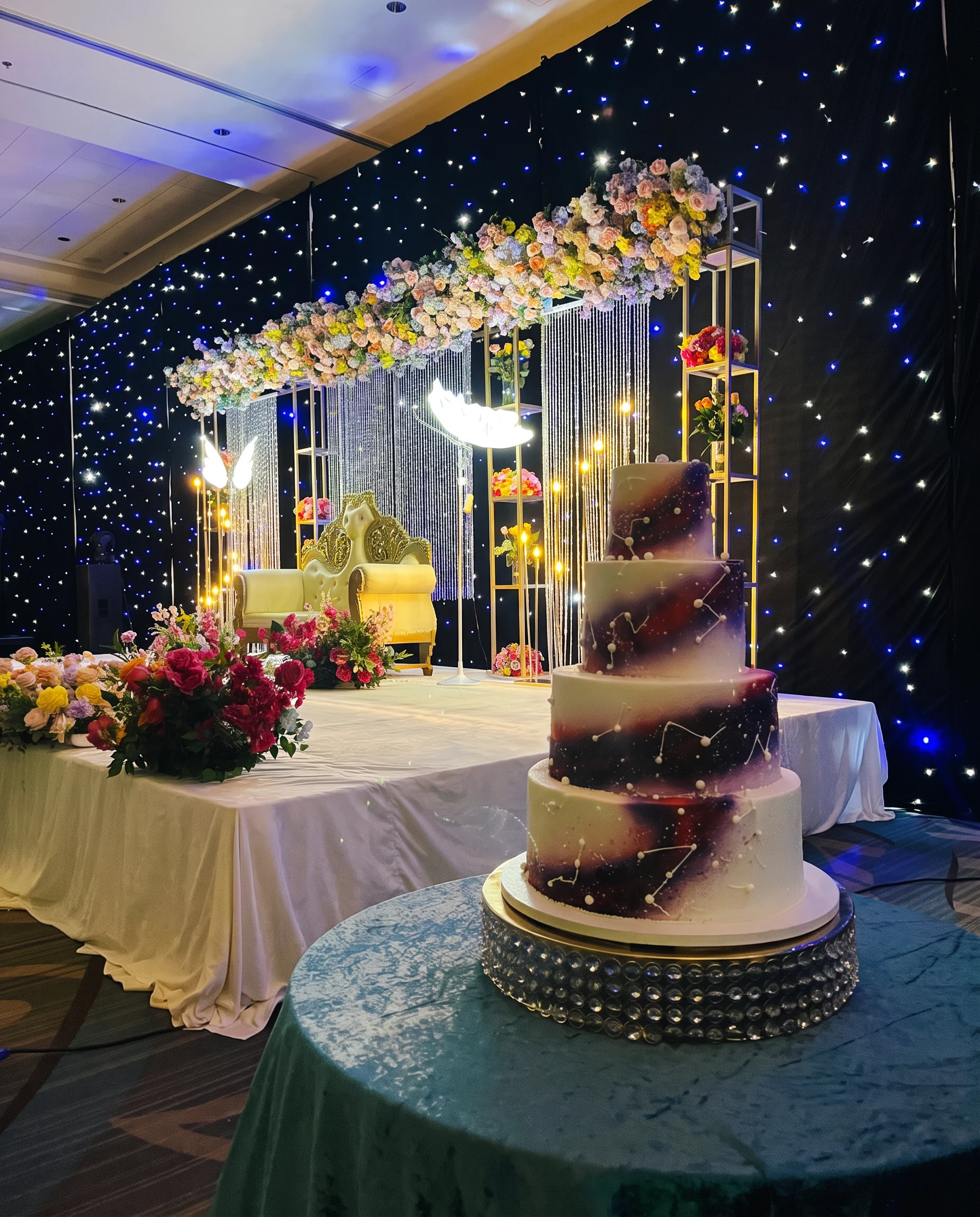 Red rose reception stage with white draping